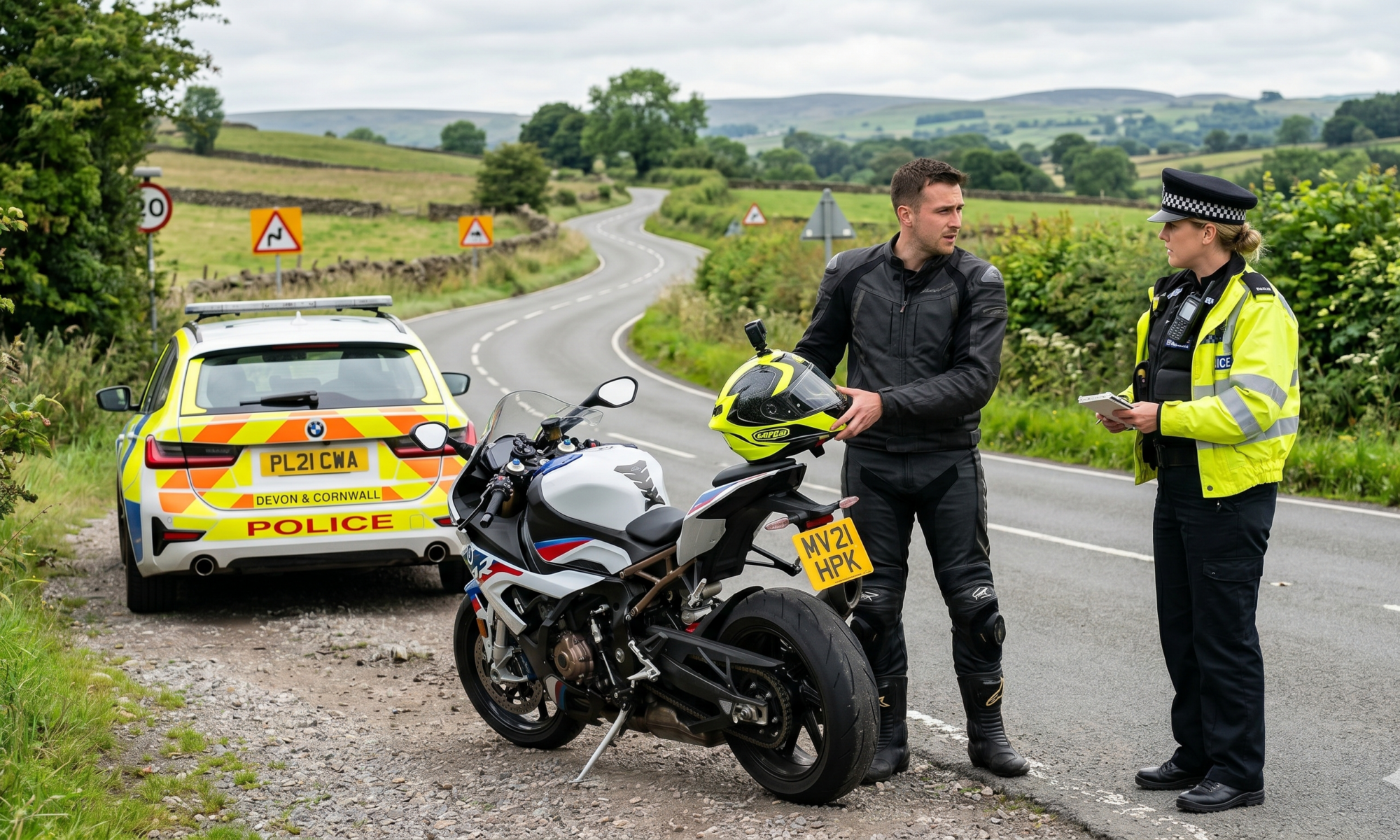 A GoPro action camera mounted to the helmet of a motorcyclist riding on a UK road.