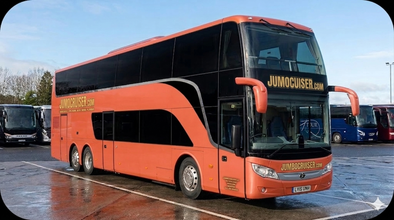 Composite image showing a Jumbocruiser bus outside the Huttons Office, illustrating the multi million pound legal acquisition deal