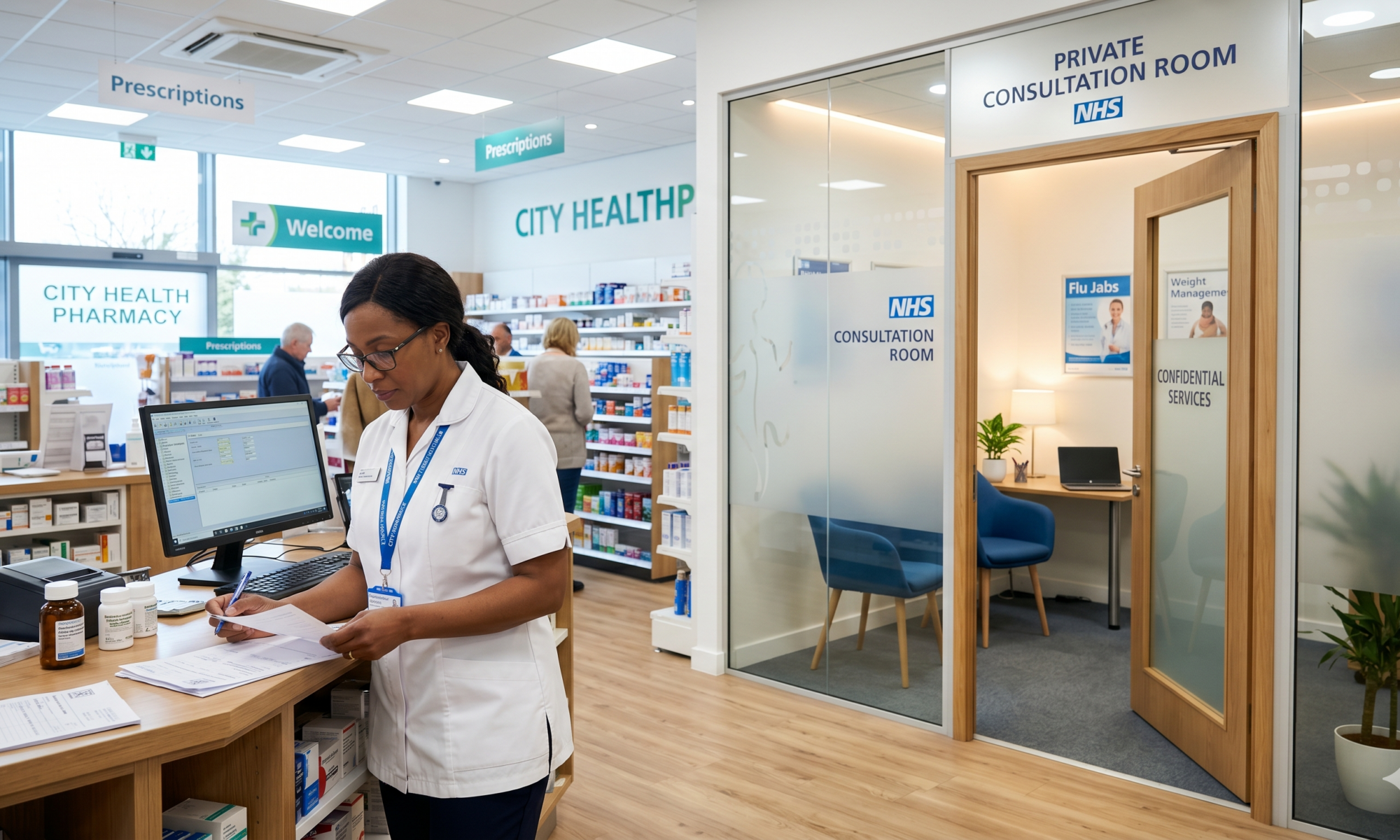 A professional pharmacist working in a modern pharmacy with a private clinical consultation room, representing Huttons Law's regulatory defense services for healthcare professionals.