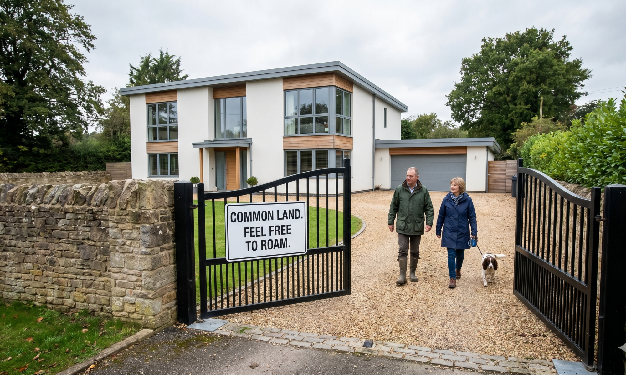 A modern house with open black gates and a stone wall, featuring a prominent 'COMMON LAND. FEEL FREE TO ROAM.' sign as a couple walks with their dog.