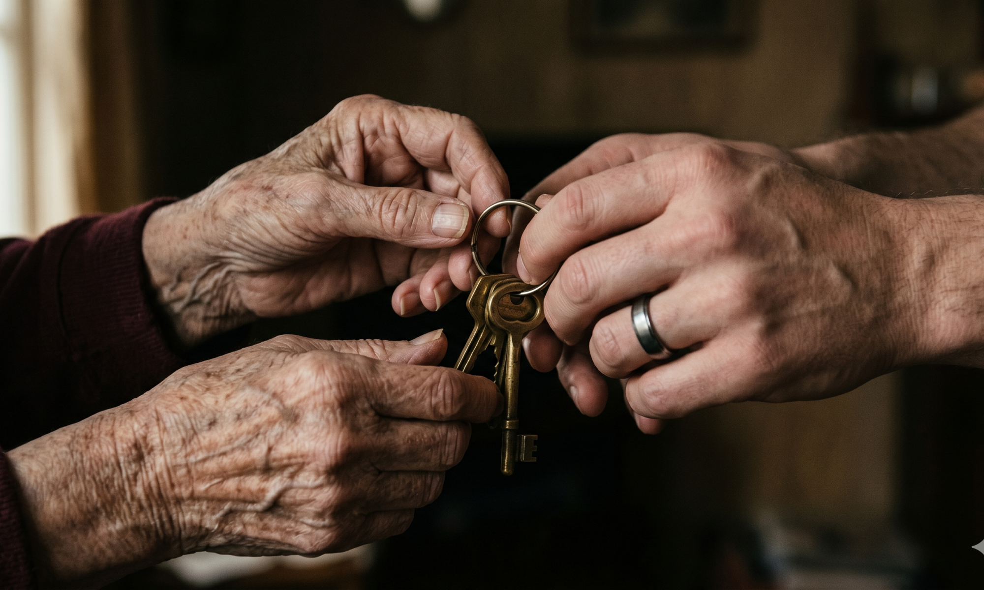 n elderly, vulnerable woman sitting anxiously at a table with house keys and legal documents in front of her, while a younger couple stands behind her in the shadows. Represents the risks of undue influence in family property transfers."